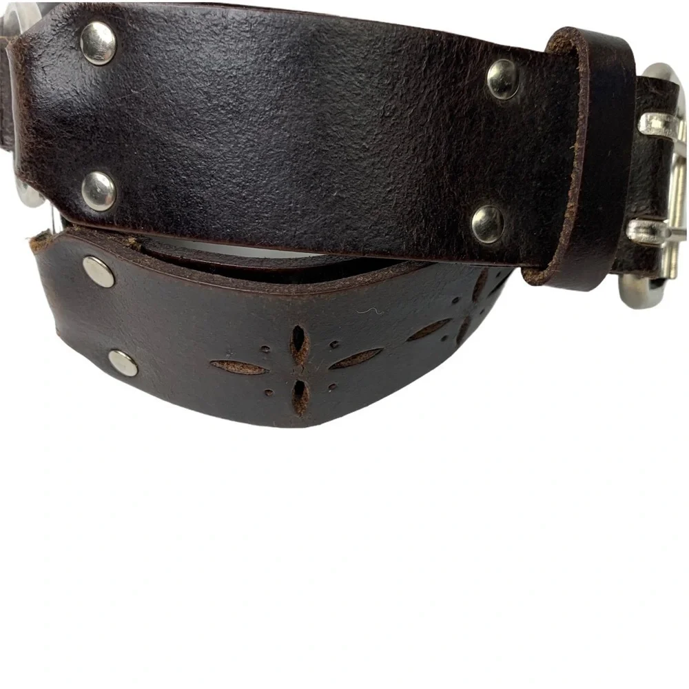Hipwear Dark Brown Distressed Belt Starburst Cut Outs & Silver Buckle & Rings